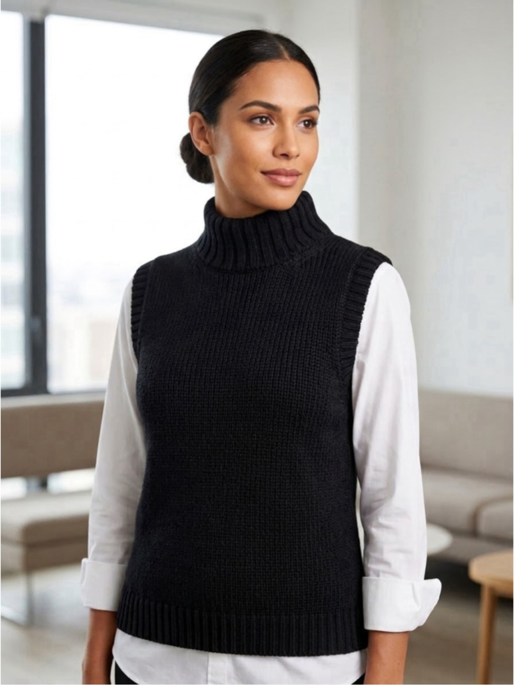Lauren Ralph Lauren Knit Mock Neck Sweater Vest 1X Black Cotton Vintage Preppy